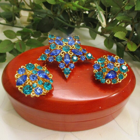 Vintage MJENT Star and Moon Rhinestone Gold Plate Brooch Earrings Designer Set - Picture 12 of 14